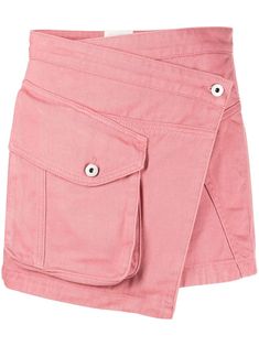 rose pink cotton logo patch to the rear wraparound style mid-rise off-centre front button fastening two side inset pockets front cargo pocket rear patch pocket asymmetric hem Spring Asymmetrical Skort With Pockets, Spring Cotton Skort With Multiple Pockets, Asymmetrical Skort With Pockets, Utility Cotton Skort With Cargo Pockets, Cotton Mini Skirt With Multiple Pockets, Cotton Asymmetrical Skirt With Pockets, Cotton Mini Skort With Cargo Pockets, Utility Mini Skirt With Patch Pockets, Utility Cotton Mini Skirt With Patch Pockets