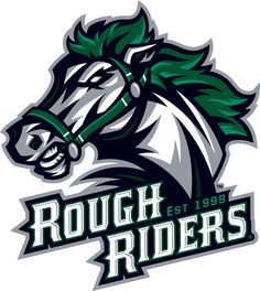 the rough riders logo with a horse's head and green hair on its face