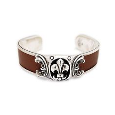 Fleur De Lis/Brown Cow Leather/925 Sterling Silver Cuff/Bangle/Silver Bangle/Sterling Silver Bracele Silver Samurai, Biker Rings Mens, Silver Cuff Bangle, Brown Cow, Bangle Silver, Biker Jewelry, Silver Bangle, Sterling Silver Cuff, Sterling Silver Bracelet