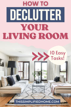 You can declutter your living room even if you are short on time. Here are 10 quick decluttering ideas that make a big difference in your living room or family room! Each of these tasks you should be able to do in 10 minutes or less. 10 minute Declutter | How to Declutter the Living Room Declutter Living Room, Clutter Challenge, Housekeeping Schedule, Clutter Control, Decluttering Ideas, Housekeeping Tips, How To Declutter