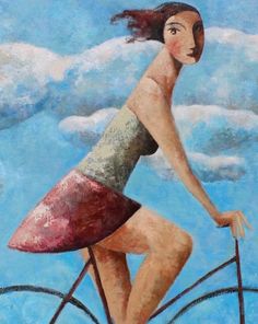 a painting of a woman riding a bike in the sky with clouds behind her and she is wearing a bathing suit