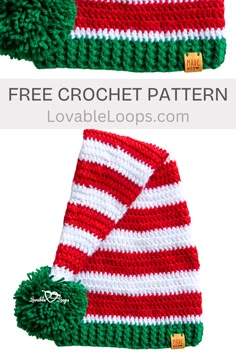 Free and easy classic crochet elf hat pattern in 6 sizes, featuring a striped design for kids, babies, and adults. Quick and simple to make! Baby Christmas Crochet Patterns Free, Crochet Elf Hat Pattern Free, Free Crochet Pattern For Christmas, Christmas Elf Hat