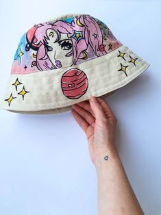 Space Girl Bucket Hat White Bucket Hat Handmade Handpainted - Etsy Pink Handmade Sun Hat For Festival, Artsy Handmade Hat One Size Fits Most, Whimsical Bucket Sun Hat, Handmade Artsy Hat One Size Fits Most, Handmade Adjustable Pink Bucket Hat, Handmade Adjustable Bucket Sun Hat, Adjustable Handmade Bucket Sun Hat, Handmade Cotton Hats As Gifts, Adjustable Hand Painted Pink Hat