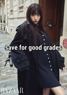 a woman standing in front of a door with the words save for good grads