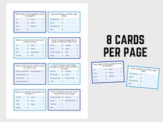 the 8 cards per page is shown in blue and white with text that reads, 6 cards per page