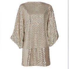 Brand New With Tags 100% Silk Viscose Lining Boat Neck Three-Quarter Length Sleeves, Cascading Puffed Detail Pullover Style Embellished Throughout Lined Chic Metallic Festive Dresses, Chic Festive Metallic Dresses, Chic Metallic Dresses For Festive Occasions, Silver Long Sleeve Dresses For Festive Occasions, Elegant Metallic Sequin Dress For Festive Occasions, Elegant Metallic Mini Dress For Festive Occasions, Elegant Festive Metallic Mini Dress, Metallic Long Sleeve Dress For Festive Season, Metallic Long Sleeve Dress For Festive Occasions