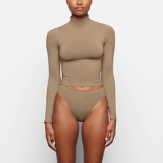 Soft Smoothing Turtleneck Top - Desert | SKIMS Layered Turtleneck, Cotton Long Sleeve Shirt, Turtleneck Top, Black Long Sleeve Top, Top Light, Turtle Neck Top, Brown Fashion, Grey Long Sleeve, Base Layer