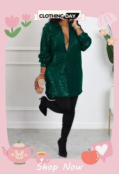 Sequin Loose Shirt Dress Green V-neck Shirt Dress For Fall, Trendy Collared Party Blouse, Spring Mini Dress With Sequins And Long Sleeves, Casual Long Sleeve Shirt Dress For Party, Long Sleeve Sequin Dresses For Going Out, Casual Long Sleeve Sequined Blouse, Casual Mini Shirt Dress For Party, Casual Sequin Party Dress, Long Sleeve Sequin Mini Dress For Going Out