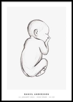 a black and white drawing of a baby sitting on its back with his hand in the mouth