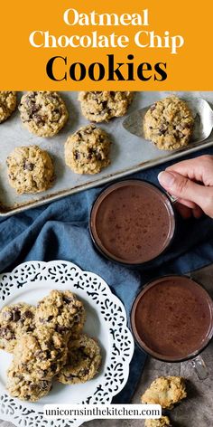 oatmeal chocolate chip cookies on a white plate next to a cup of coffee