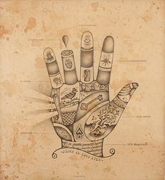 a drawing of a hand with many different things on it