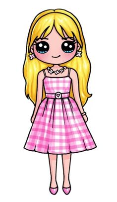 a drawing of a girl in pink and white checkered dress with big eyes on her face