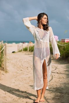 Model wears the Stella crochet cover up in white at the beach White Cover Up, Crochet White, Crochet Cover Up, White Crochet, Beautiful Crochet, Bali, Cover Up, Sleeve Length, Crochet