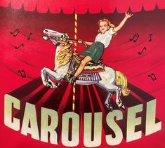 an advertisement for carousel featuring a girl on a horse with music notes in the background