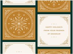 a set of four greeting cards with gold and white designs on them, each featuring a snowflake