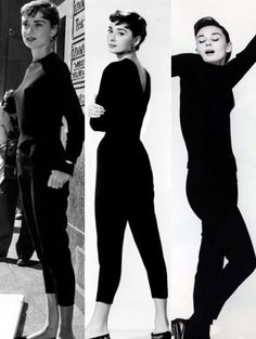 four different pictures of women in black outfits