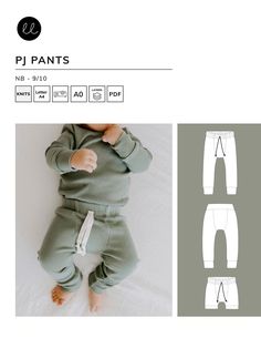 a baby laying on top of a bed next to white sheets and paper with the words pj pants