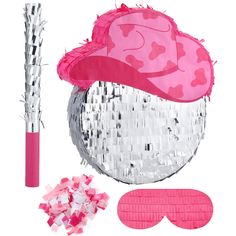 a pink hat and other items are shown