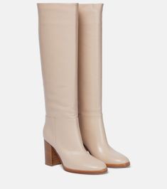 Gianvito Rossi - Santiago leather knee-high boots | Mytheresa Beige Knee-high Heeled Boots For Formal Events, Beige Knee-high Heeled Boots For Formal Occasions, Beige Leather Knee-high Heeled Boots, Cream Leather Knee-high Boots, Beige Leather Heeled Boots With Wide Calf, Beige Leather Knee-high Boots For Work, Formal Beige Calf Leather Heeled Boots, Beige Boots, Mid Heel Boots