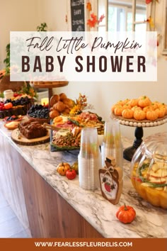 a baby shower is full of food and drinks for the little pumpkin baby shower party