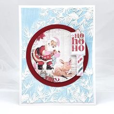 a christmas card with santa claus and snowflakes in the background, on a white surface