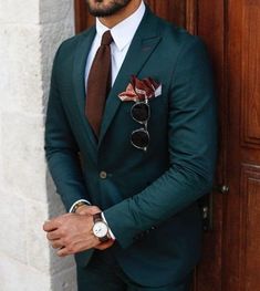 Mens Wedding Attire, Groom Wedding Attire, Man In A Suit, Suits Men Business, Wedding Suits Groom, Designer Suits For Men, Groomsmen Suits, Green Suit