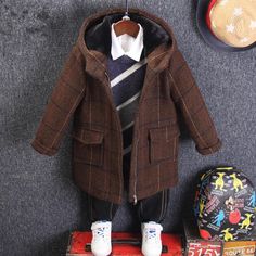 Boys Check Hooded Coat - Momorii Winter Plaid Hooded Jacket With Pockets, Winter Plaid Hooded Jacket For Outdoor, Plaid Hooded Jacket For Winter Outdoors, Plaid Hooded Jacket With Pockets For Winter, Winter Outdoor Plaid Hooded Jacket, Plaid Hooded Jacket For Winter, Hooded Plaid Outerwear For Winter, Classic Fall Hooded Jacket With Double-lined Hood, Classic Winter Hooded Jacket With Detachable Hood