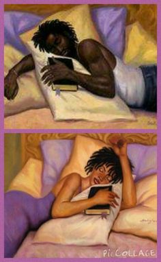 two paintings of a man laying in bed reading a book