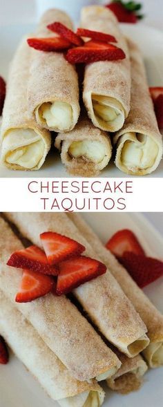 there are two different types of cheesecake taquitos with strawberries on top