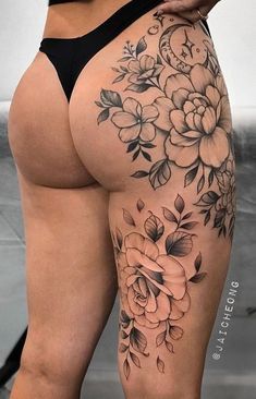 Many Tattoos Woman, Back To Thigh Tattoo Women, Whole Thigh Tattoo Women, Women’s Thigh Sleeve, Hip Floral Tattoos Women, Flower Losing Petals Tattoo, Women’s Leg Tattoo Floral, Back To Leg Tattoo Women, Large Thigh Piece Tattoo