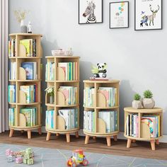 three wooden bookshelves in the corner of a room