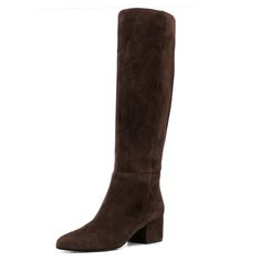 These boots with almond toe and straight shaft are your perfect ally from morning till night. They are set on a 5.5 cm block heel that provides just a little of lift without compromising on your comfort. Our style advice? During the day wear them with a skinny jeans and a blazer, for the evening match them a short velvet mini dress. Choose the calf circumference and height that best fit you, click the button above to get to know how to correctly measure your calf. Details: Fine suede leather upp Womens Suede Boots, Luxury Boots, Mid Heel Boots, Brown Suede Boots, Style Advice, Wide Calf Boots, Wide Calf, Wide Boots, Mini Velvet Dress