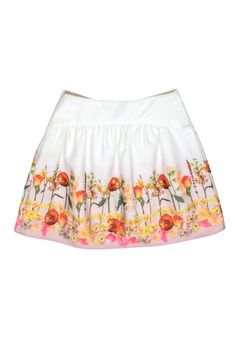 We love this fabulous structured mini by Ted Baker. Ivory fades into a pink gradient with a beautiful bouquet of florals printed throughout. The attached bow is the star of the show. Pair with an ivory strapless top or silk camisole to let the skirt shine at your next cocktail party or date night! Size 4 (TB 1) Shell 100% Polyester Lining 100% Cotton Trim 100% Acetate Circle silhouette Front attached bow detail Concealed side zipper Waist 28.5" Total length 16" White Feminine Skirt For Garden Party, Feminine White Skirt For Garden Party, Chic White Skirt For Garden Party, White Pleated Skirt For Spring, White Pleated Skirt For Garden Party, White Floral Print Skirt For Garden Party, White Full Skirt For Garden Party, White Floral Print Flared Skirt, White Flared Skirt With Floral Print