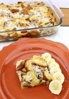 a piece of banana bread pudding on a red plate