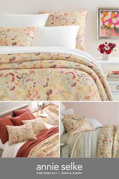 an image of a bed with flowers on it and the words annie selke