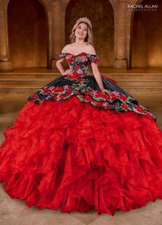 Floral Ruffled Quinceanera Dress by Rachel Allan RQ5007 Dama Dresses Quinceanera, 1500 Dresses, Quinceanera Dresses Mexican, Vestido Charro, Quinceanera Dresses Red, Mexican Quinceanera Dresses, Charro Quinceanera Dresses, Red Quinceanera Dresses, Dama Dresses