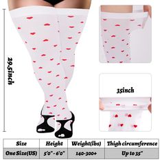 Color: White & Red  
 Features: 94% Polyamide, 6% Elastane  
 Wear Ways: Thigh High Socks   
 One Size: US 6.5 - 10  
   
  Packing List   
 1*pair of Plus Size Thigh High Socks    
     Description Stay warm and stylish with our extra-long women's opaque striped over-knee-high stockings in white from Moonwood Wear. These stockings are designed to fit most sizes and are made with high-quality materials that provide optimal warmth and comfort. The opaque fabric ensures that you don't have to worry about any see-through mishaps, while the stripes add a pop of color to your outfit. They are perfect for pairing with a skirt or dress to add an extra layer of warmth during the colder months. Made from durable materials, these stockings are long-lasting and are a great addition to any wardrobe Fitted White Spring Hosiery, Fitted Red Knee-high Socks, White Fitted Knee-high Socks, White Spring Hosiery, White Stretch Thigh High Stockings, White Stretch Knee-high Legwear, White Thigh High Stretch Socks, White Knee-high Stockings For Spring, White Knee-high Hosiery For Spring