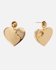 Heart Drop Earrings with Crystal | Basique® Jewelry Luxury Gold Heart Earrings With Diamond Accents, Luxury Yellow Gold Round Heart Earrings, Luxury Yellow Gold Heart Drop Earrings, Elegant Gold Plated Heart Pendant Earrings, Valentine's Day Tarnish Resistant Drop Earrings, Elegant Heart Pendant Earrings For Party, Elegant Heart Earrings For Party, Elegant Tarnish Resistant Heart Drop Earrings, Formal Heart-shaped Earrings For Pierced Ears