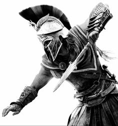 a black and white photo of a man in armor holding two swords with one hand