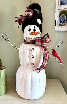 a snowman with a hat and scarf on top of it