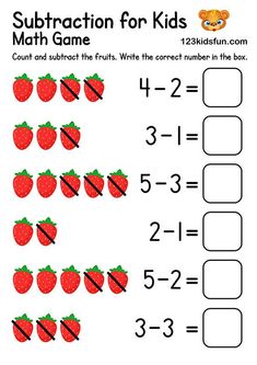 a worksheet for kids to practice subtraction with strawberries and numbers