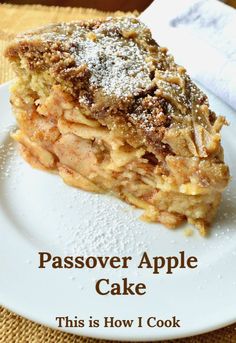 a close up of a piece of cake on a plate with the words passover apple cake