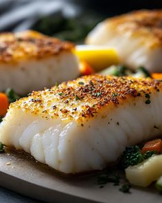 two fish fillets on a plate with broccoli and carrots