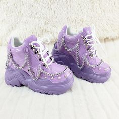 Wang Lilac Purple Platform Chain Sneaker Hidden Wedge Fashion Streetwear Kicks - Totally Wicked Footwear Hak Tinggi, Goth Shoes, Dr Shoes, Cute Shoes Heels, Kawaii Shoes, Funky Shoes, You Are Important, Wedges Style, Purple Shoes