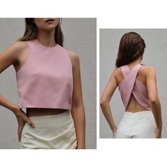 two pictures of a woman with her back to the camera and one is wearing a pink top