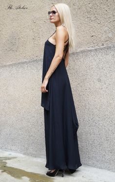 Navy Blue Open Back Dress/Oversized Dress/ Maxi Dress/Blue | Etsy Summer Festival Dress With Asymmetrical Hem, Long Midi Dress For Date Night In Summer, Black Lagenlook Maxi Dress For Summer, Summer Black Lagenlook Maxi Dress, Bohemian Asymmetrical Maxi Dress For Party, Bohemian Asymmetrical Dress For Party, Bohemian Asymmetrical Party Dress, Summer Lagenlook Long Maxi Dress, Oversized Sleeveless Summer Dress