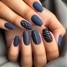 Matt Navy Nails, Navy Bridesmaid Nails, Matte Navy Nails With Gold, Navy Blue And Teal Nails, Navy Nails Matte, Nails In November, November Matte Nails, Navy Autumn Nails, Navy Nail Designs Fall