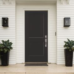 An opaque black door in front of a house with white siding Goth Interior Design, Exterior Curb Appeal, Replace Exterior Door, Masonite Doors, Color Door, Fiberglass Exterior Doors, The Swap, Black Front Doors, Barn Door Kit