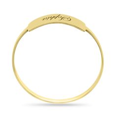 With personalized flair, this bar ring is a great addition to her jewelry box. Crafted in warm 10K gold, this stylish choice features a center bar adorned with a name or message - up to 10 characters in length - inscribed in an attractive script font. Buffed to a brilliant luster, this ring is a unique look just for her. Personalization options do not support the use of numeric characters, in addition to restrictions listed below. 14k Gold Nameplate Bracelet For Anniversary, Classic 14k Gold Custom Name Bracelet, Classic Nameplate Promise Ring, Yellow Gold Engraved Promise Ring With Name, Yellow Gold Promise Ring With Engraving, Personalized 14k Gold Engraved Ring With Name, Customizable 14k Gold Nameplate Ring, Promise Ring With Nameplate Engraved, Yellow Gold Nameplate Rings For Promise