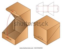 an open cardboard box with the lid closed and side view showing how to cut it